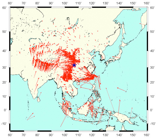 map of velocity data from GPS stations